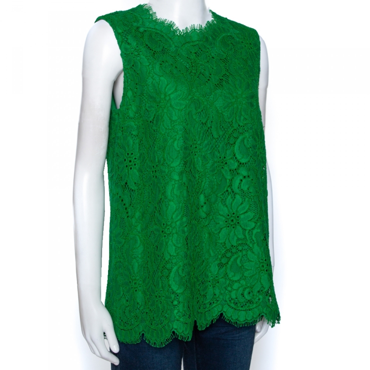 Pre Owned Dolce & Gabbana Green Cord Lace Scalloped Sleeveless Top L