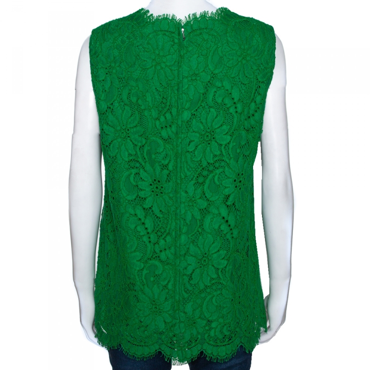 Pre Owned Dolce & Gabbana Green Cord Lace Scalloped Sleeveless Top L