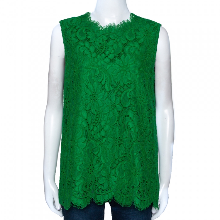 Pre Owned Dolce & Gabbana Green Cord Lace Scalloped Sleeveless Top L