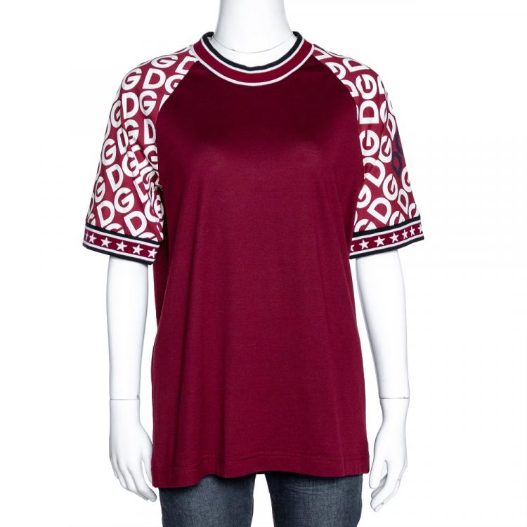 Pre Owned Dolce & Gabbana Bordeaux Jersey DG Mania Print Sleeved Crew Neck T Shirt IT 42