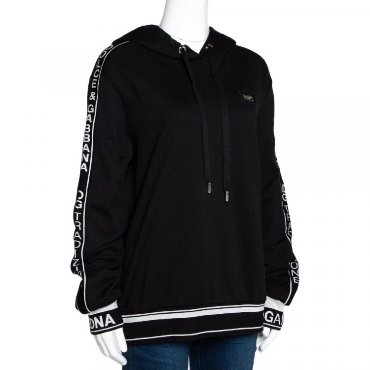 Pre Owned Dolce & Gabbana Black Cotton Logo Bands Hooded Sweatshirt IT 40