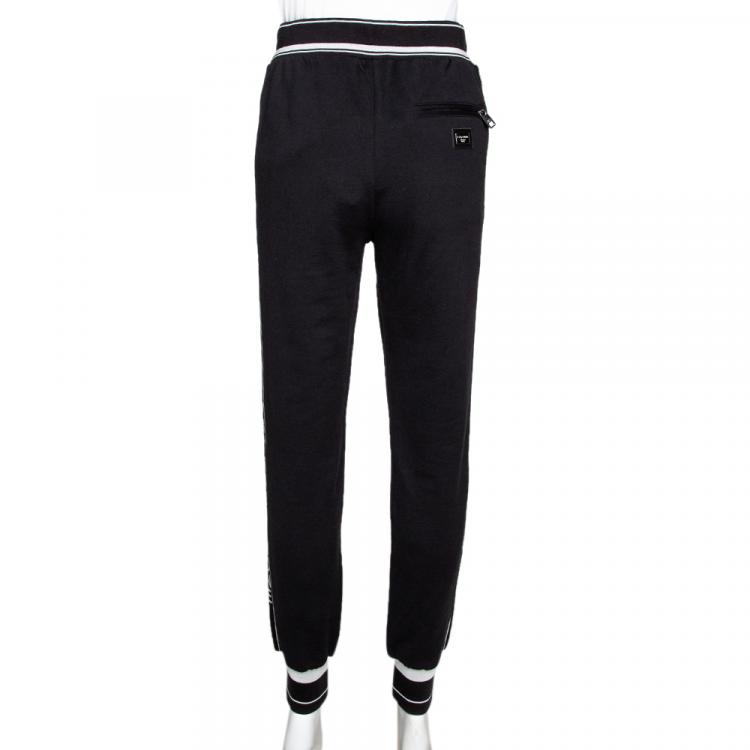 Pre Owned Dolce & Gabbana Black Stretch Jersey Logo Bands Track Pants IT 36