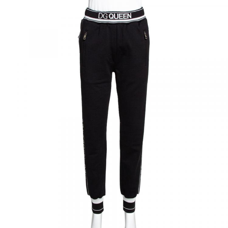 Pre Owned Dolce & Gabbana Black Stretch Jersey Logo Bands Track Pants IT 36