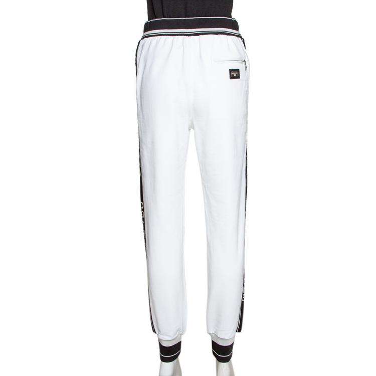 Pre Owned Dolce & Gabbana White Stretch Jersey Logo Bands Track Pants IT 38