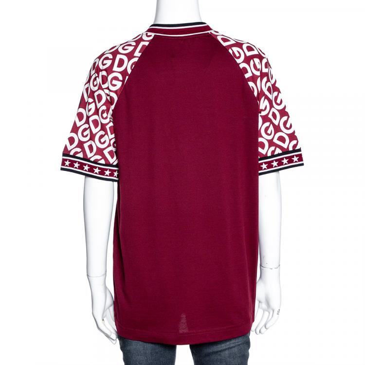 Pre Owned Dolce & Gabbana Bordeaux Jersey DG Mania Print Sleeved Crew Neck T Shirt IT 42