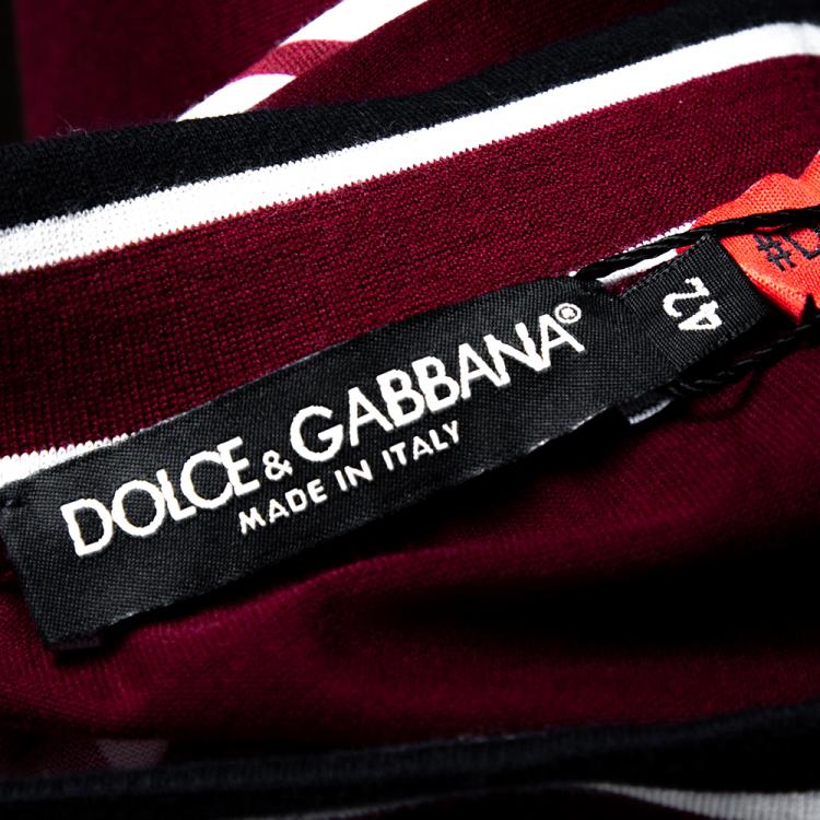 Pre Owned Dolce & Gabbana Bordeaux Jersey DG Mania Print Sleeved Crew Neck T Shirt IT 42