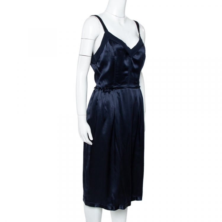 Pre Owned Dolce & Gabbana Navy Blue Silk Satin Sleeveless Dress L