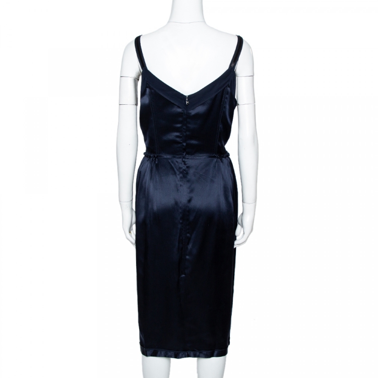 Pre Owned Dolce & Gabbana Navy Blue Silk Satin Sleeveless Dress L