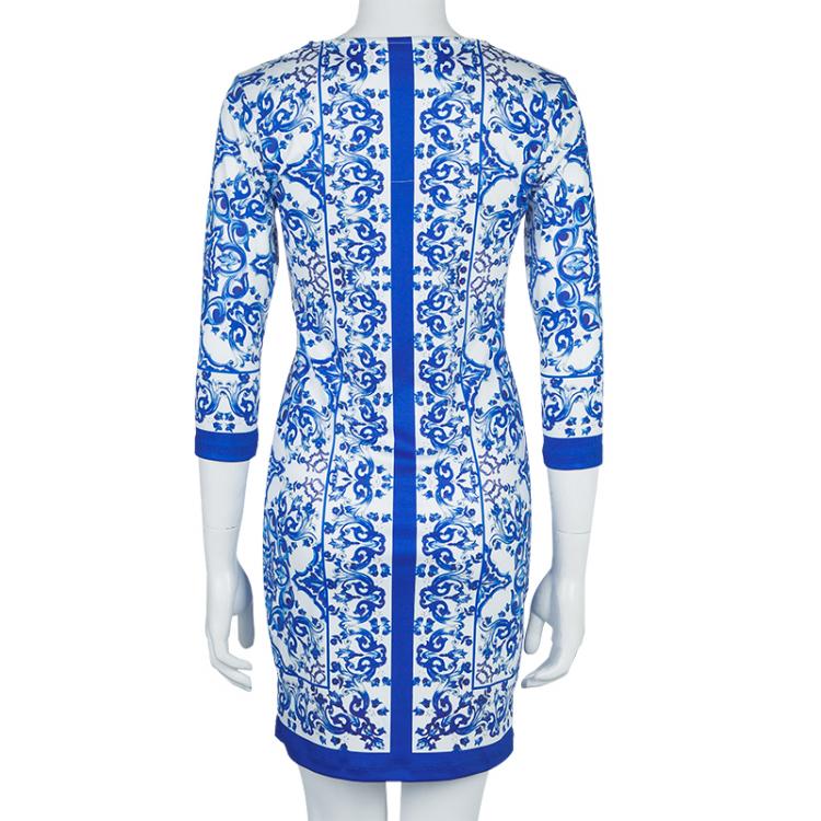 Pre Owned Dolce and Gabbana White and Blue Printed Three Quarter Sleeve Knit Dress  XS