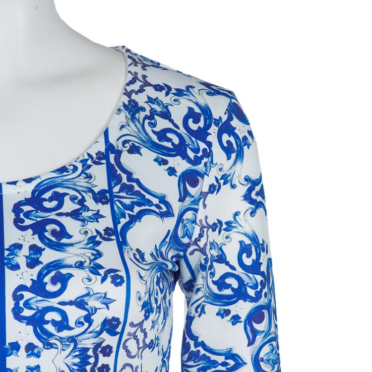 Pre Owned Dolce and Gabbana White and Blue Printed Three Quarter Sleeve Knit Dress  XS