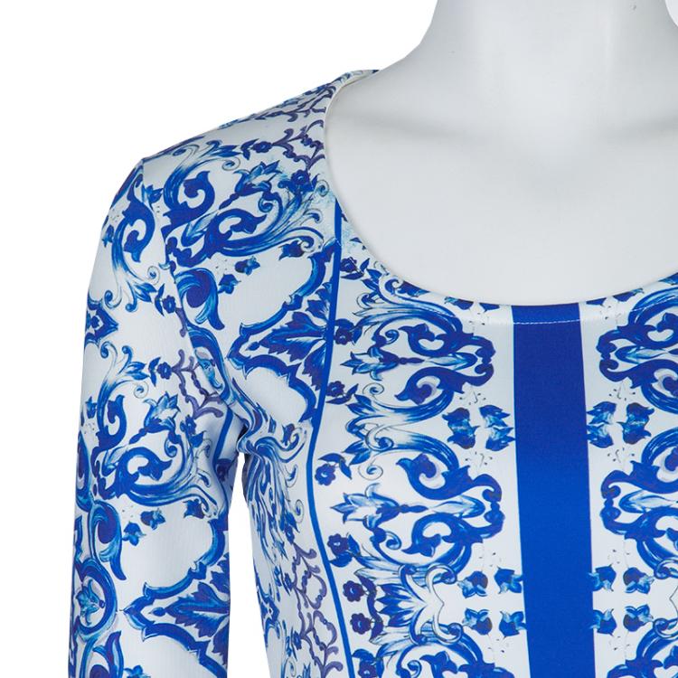 Pre Owned Dolce and Gabbana White and Blue Printed Three Quarter Sleeve Knit Dress  XS