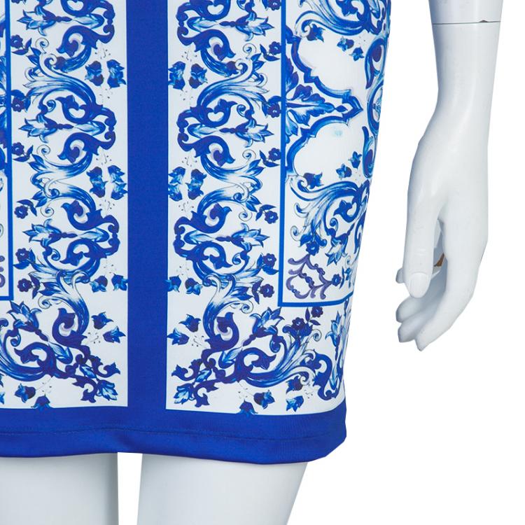 Pre Owned Dolce and Gabbana White and Blue Printed Three Quarter Sleeve Knit Dress  XS