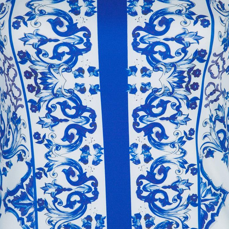 Pre Owned Dolce and Gabbana White and Blue Printed Three Quarter Sleeve Knit Dress  XS