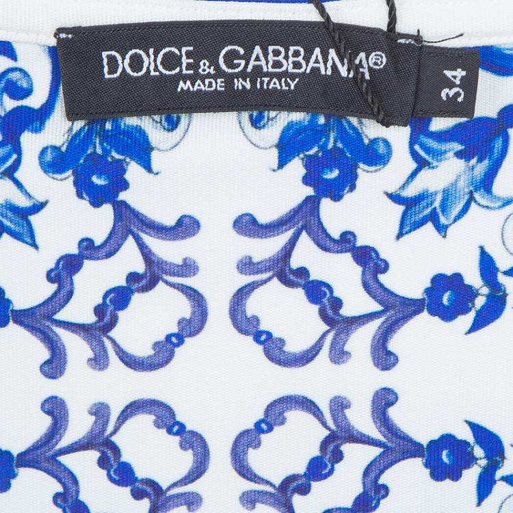 Pre Owned Dolce and Gabbana White and Blue Printed Three Quarter Sleeve Knit Dress  XS