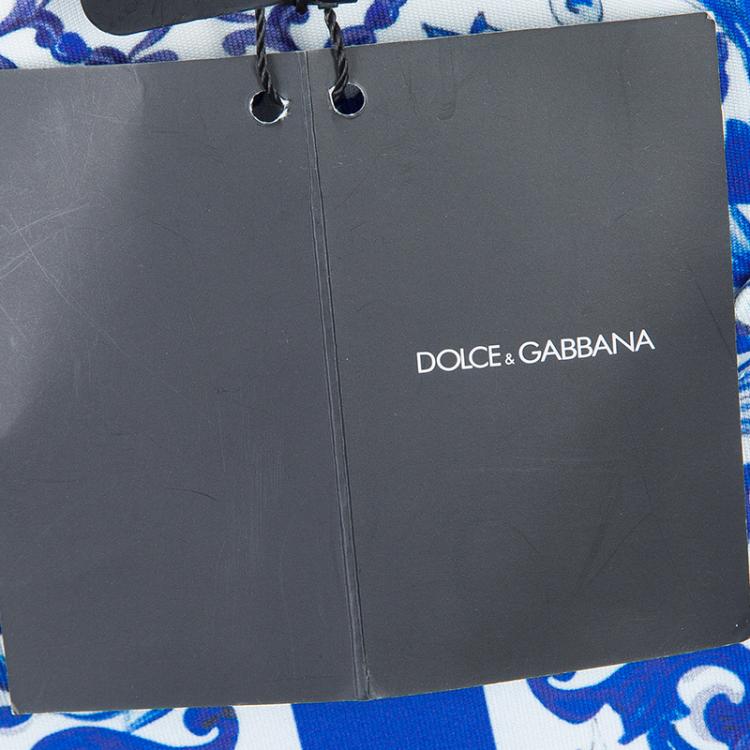 Pre Owned Dolce and Gabbana White and Blue Printed Three Quarter Sleeve Knit Dress  XS