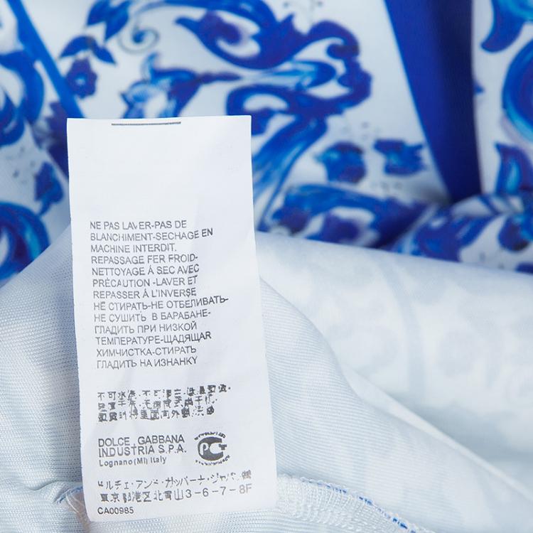 Pre Owned Dolce and Gabbana White and Blue Printed Three Quarter Sleeve Knit Dress  XS