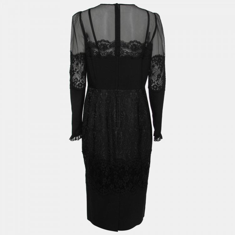 Pre Owned Dolce & Gabbana Black Lace-Trimmed Tulle Jacquard Midi Dress XL