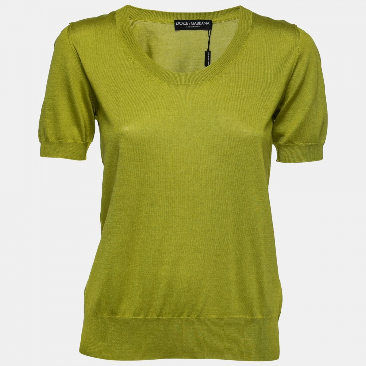 Pre Owned Dolce & Gabbana Green Silk Knit Short Sleeve Top M