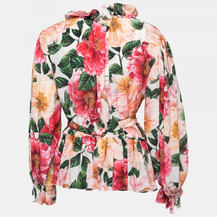 Pre Owned Dolce & Gabbana Pink Floral Printed Silk Ruffled Blouse L