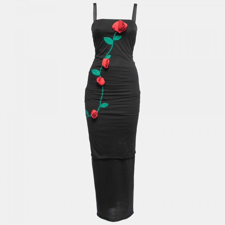 Pre Owned Dolce & Gabbana Black Floral Embroidered Stretch Wool Gathered Dress S