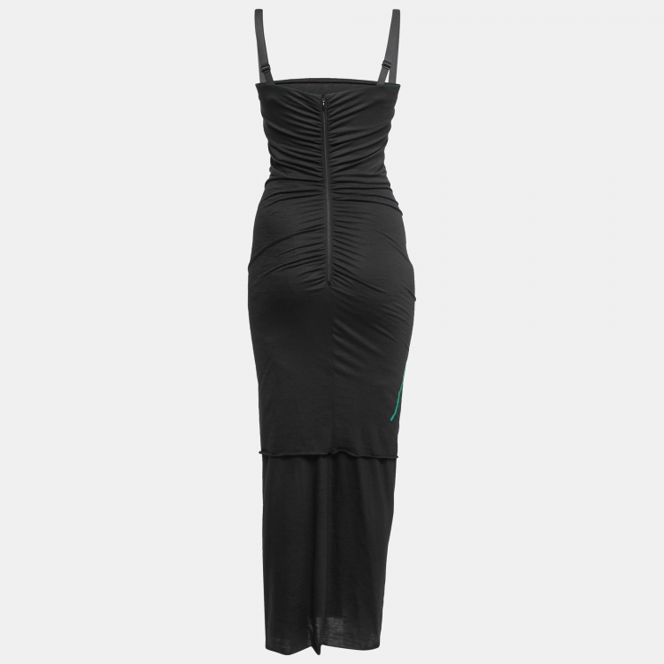 Pre Owned Dolce & Gabbana Black Floral Embroidered Stretch Wool Gathered Dress S