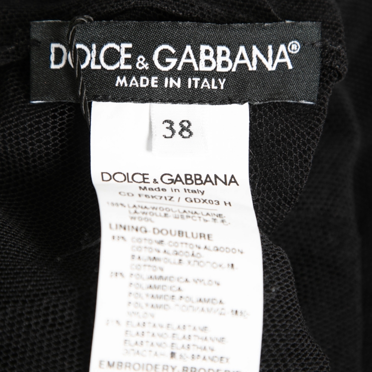 Pre Owned Dolce & Gabbana Black Floral Embroidered Stretch Wool Gathered Dress S