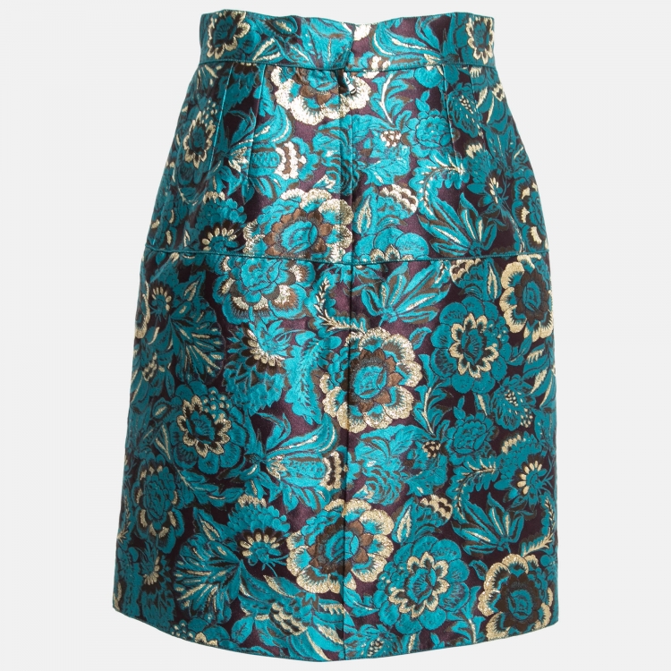 Pre Owned Dolce & Gabbana Blue Floral Jacquard Silk Skirt M