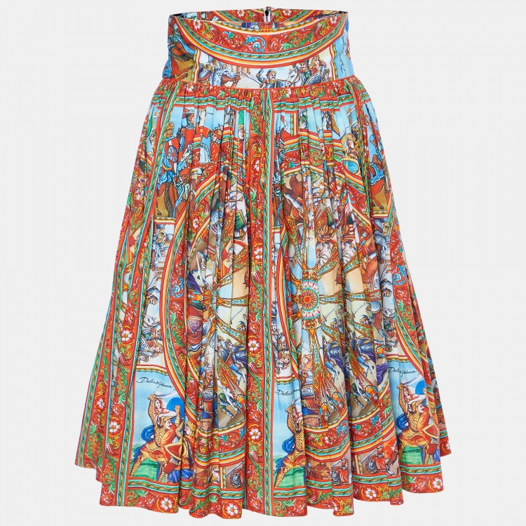 Pre Owned Dolce & Gabbana Multicolor Printed Cotton Gathered Knee Length Skirt S