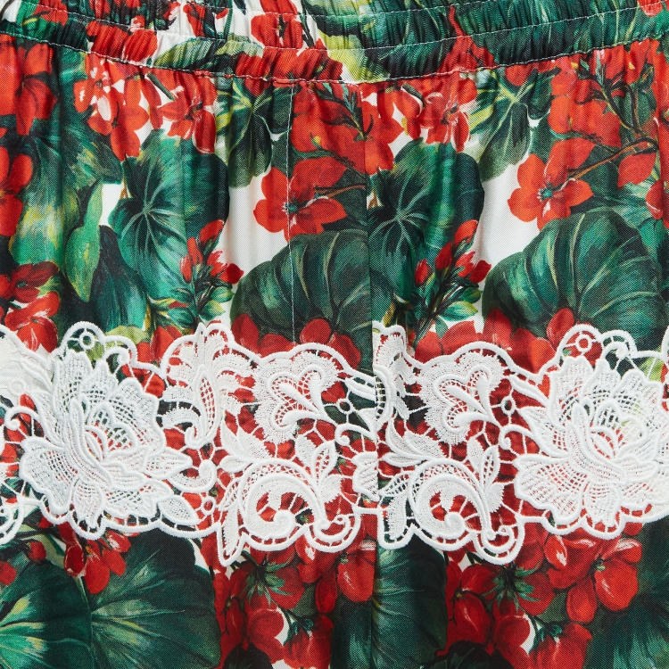 Pre Owned Dolce & Gabbana White/Red Floral Print Lace Trim Silk Trousers L