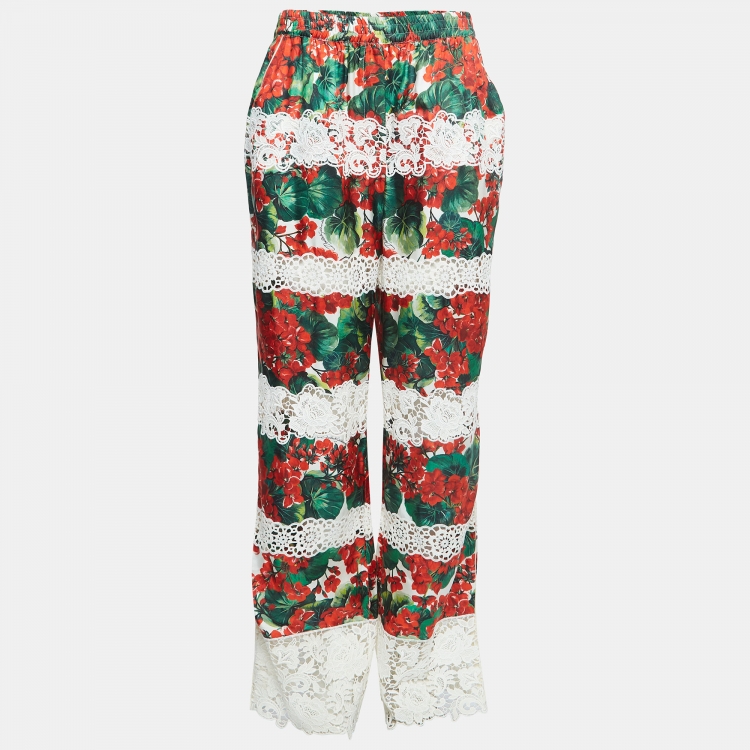 Pre Owned Dolce & Gabbana White/Red Floral Print Lace Trim Silk Trousers L
