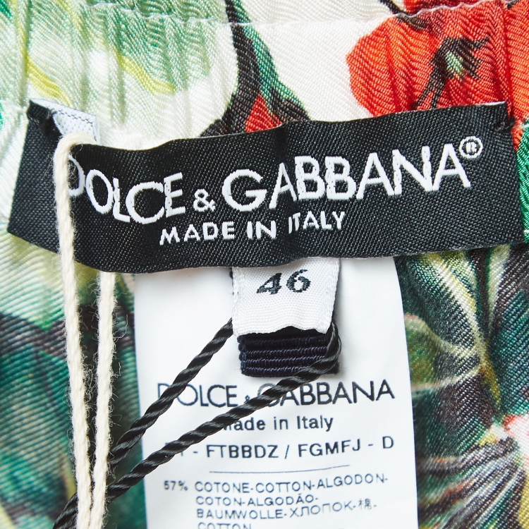 Pre Owned Dolce & Gabbana White/Red Floral Print Lace Trim Silk Trousers L