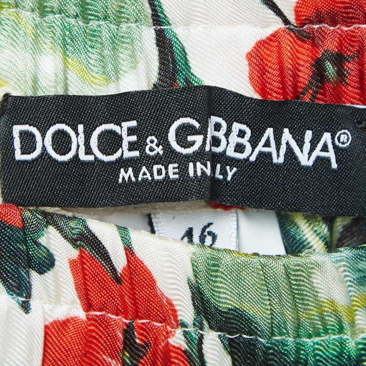 Pre Owned Dolce & Gabbana White/Red Floral Print Lace Trim Silk Trousers L