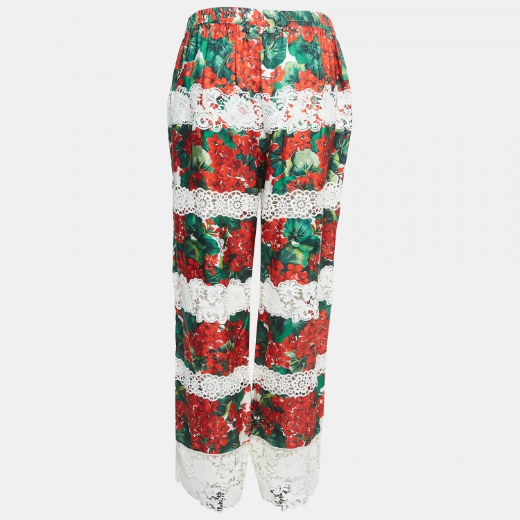 Pre Owned Dolce & Gabbana White/Red Floral Print Lace Trim Silk Trousers L