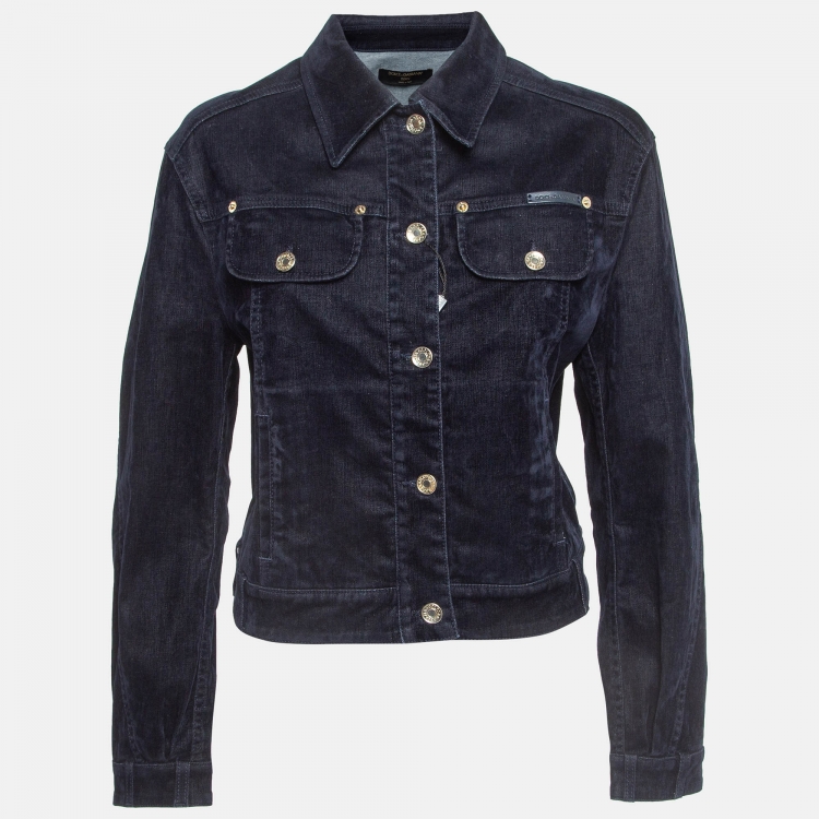 Pre Owned Dolce & Gabbana Navy Blue Velour Button Front Jacket S