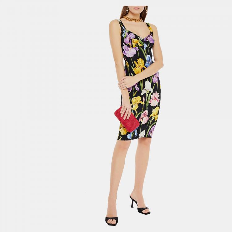 Pre Owned Dolce & Gabbana Black Printed Silk Blend Knee Length Dress L (IT 44)