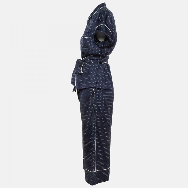 Pre Owned Dolce & Gabbana Navy Blue Polka Dots Silk Shirt and Pants Set S
