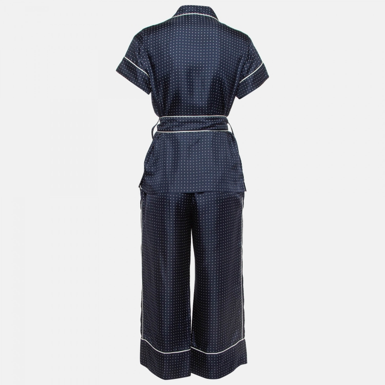 Pre Owned Dolce & Gabbana Navy Blue Polka Dots Silk Shirt and Pants Set S