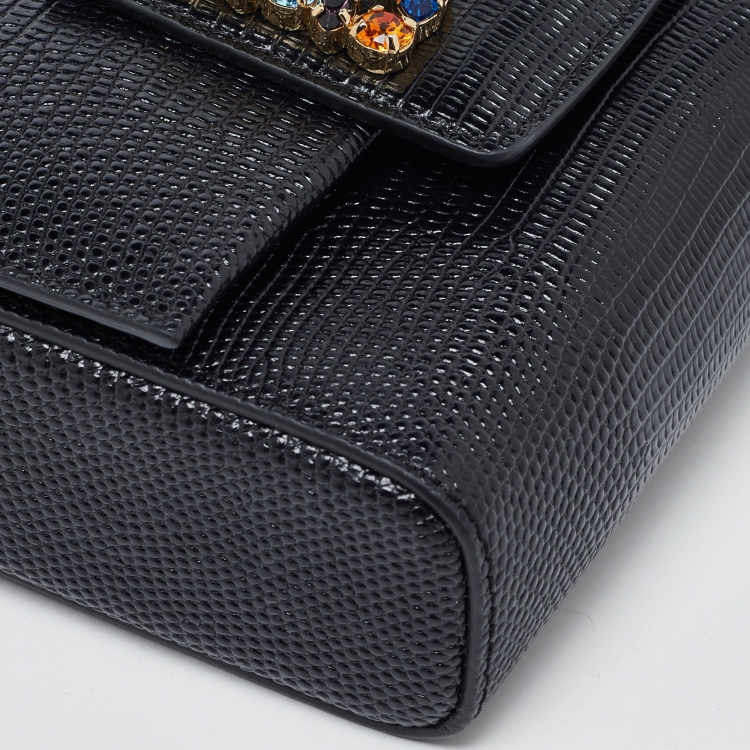 Pre Owned Dolce & Gabbana Black Lizard Embossed Leather Mini DG Millennials Crossbody Bag