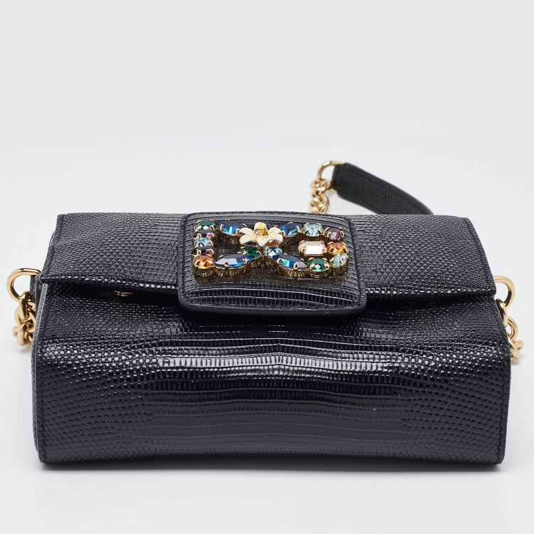 Pre Owned Dolce & Gabbana Black Lizard Embossed Leather Mini DG Millennials Crossbody Bag