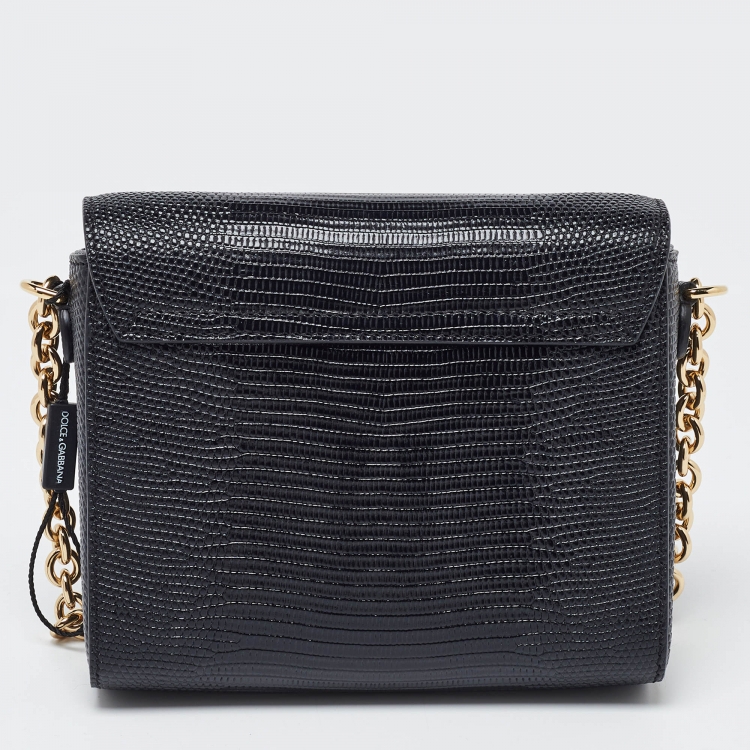 Pre Owned Dolce & Gabbana Black Lizard Embossed Leather Mini DG Millennials Crossbody Bag
