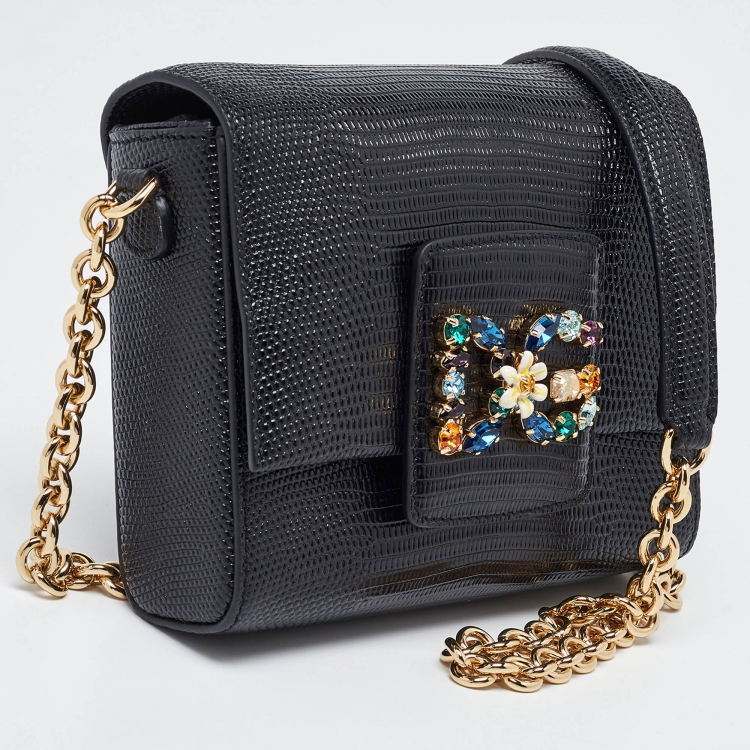 Pre Owned Dolce & Gabbana Black Lizard Embossed Leather Mini DG Millennials Crossbody Bag