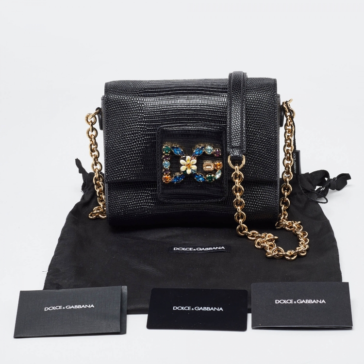 Pre Owned Dolce & Gabbana Black Lizard Embossed Leather Mini DG Millennials Crossbody Bag