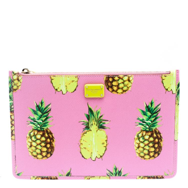 Pre Owned Dolce and Gabbana Pink Pineapple Print Leather Clutch