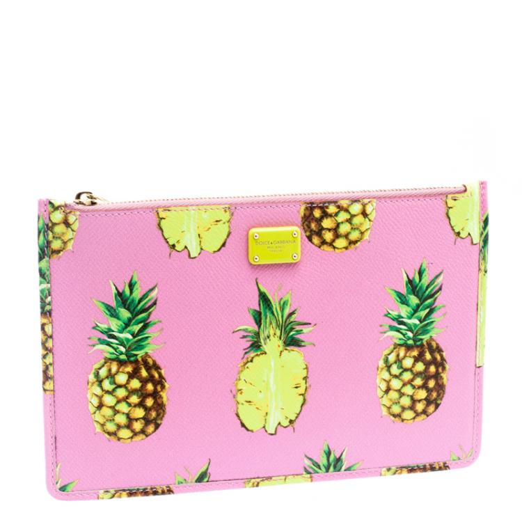 Pre Owned Dolce and Gabbana Pink Pineapple Print Leather Clutch