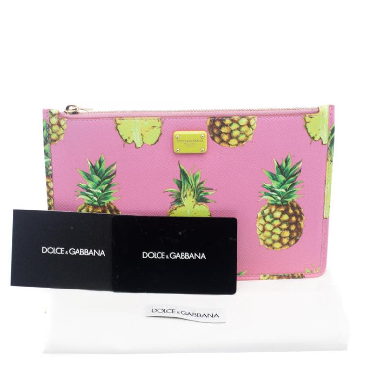 Pre Owned Dolce and Gabbana Pink Pineapple Print Leather Clutch