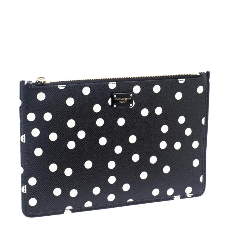 Pre Owned Dolce and Gabbana Black/White Polka Dot Leather Clutch