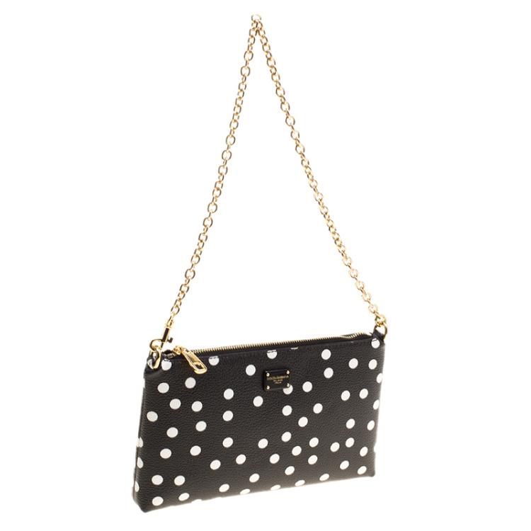 Pre Owned Dolce and Gabbana Black/White Polka Dot Leather Chain Clutch