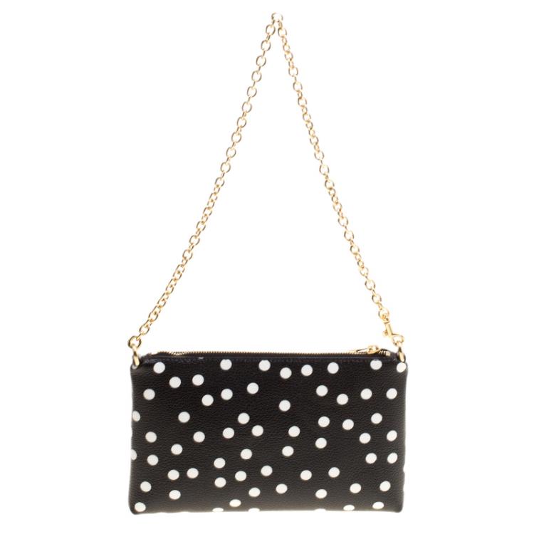 Pre Owned Dolce and Gabbana Black/White Polka Dot Leather Chain Clutch