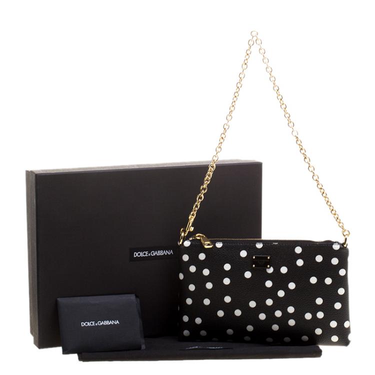 Pre Owned Dolce and Gabbana Black/White Polka Dot Leather Chain Clutch