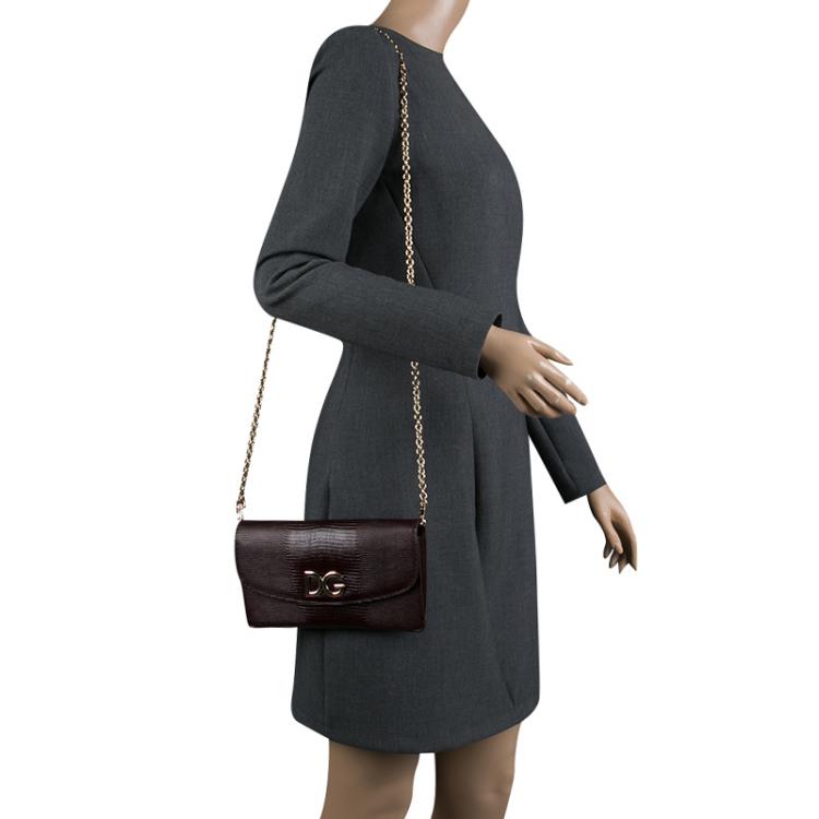 Pre Owned Dolce and Gabbana Burgundy Lizard Embossed Leather Clutch